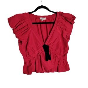 Loft‎ Red Puff Sleeve Peplum Top Black Velvet Bow V-Neck Blouse Womens Medium